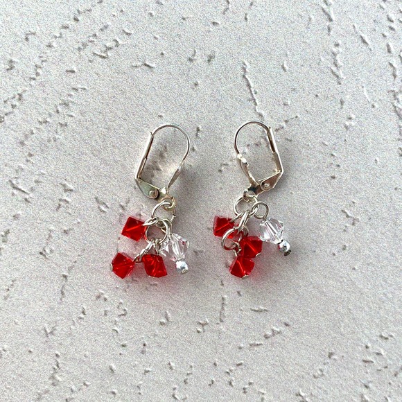 Siam Red Dice Crystal Cluster Staircase with Silver Plated Leaverback Earwires - Picture 6 of 6